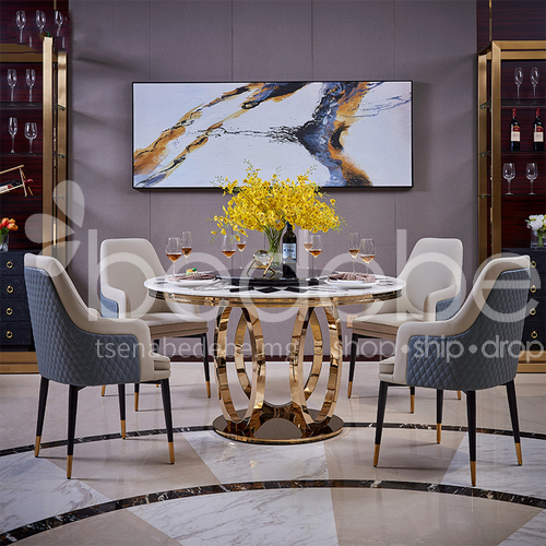 Italian Light Luxury Round Dining Table Stainless Steel Marble Parquet Restaurant Italian Light Luxury Round Dining Table, Luxury Round Table